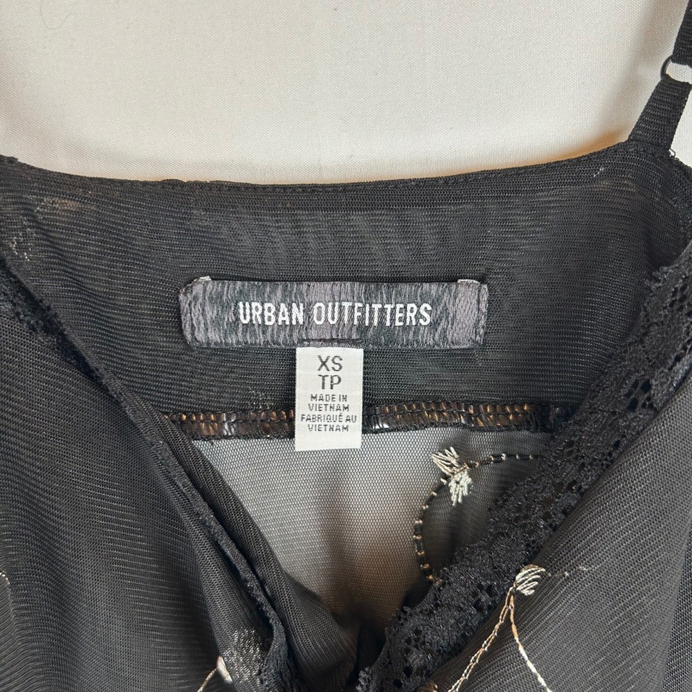 Urban Outfitters Black Mesh Floral Embroidered Handkerchief Hem Camisole Top XS - Picture 3 of 9
